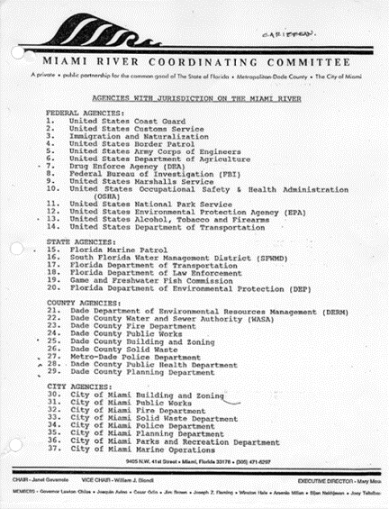 Agencies With Jurisdiction on the Miami River, U.S. Miami River Coordinating Committee.