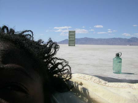 Working on the playa, Bonneville Salt Flats, Utah, 2004, photograph by Beatrice Thomas