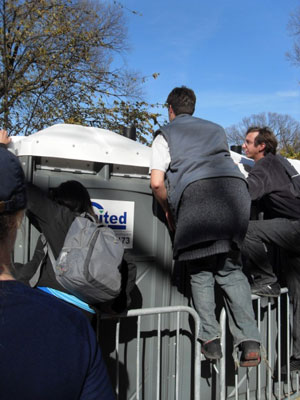 Reckless daredevils with porta potty